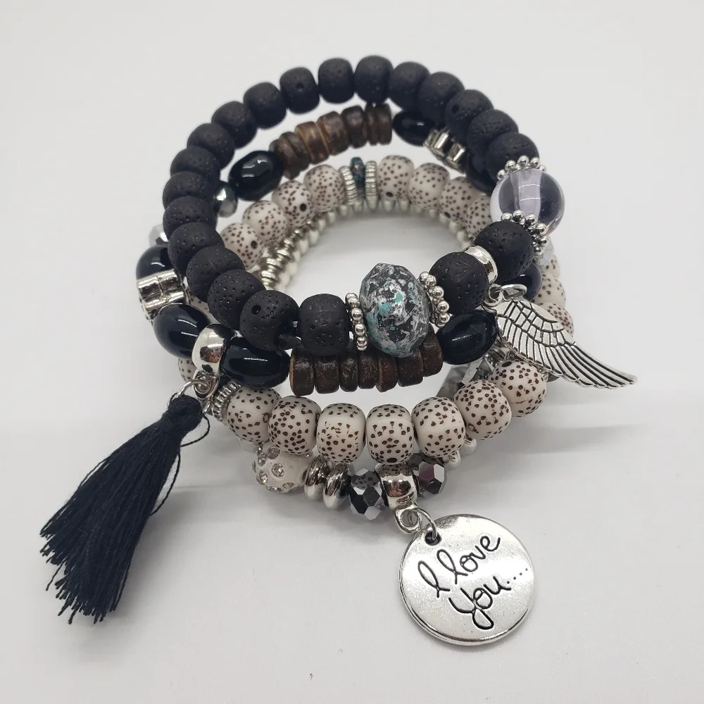 SEE NEW LISTING Black Beaded Multi-layer Bracelet With Tassel, 4 Bracelet Set - Picture 2 of 7